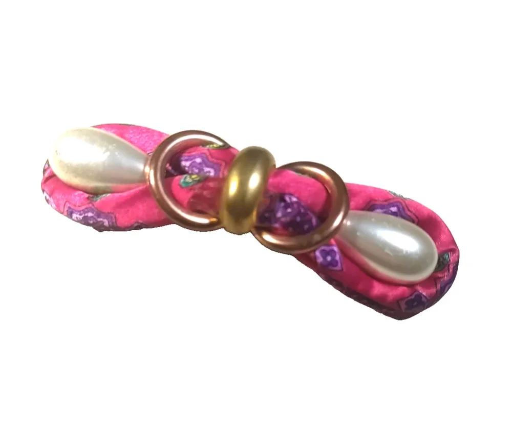 Home Made Hair Barrette Tension Clip Faux Pearls Gold Tone Red
